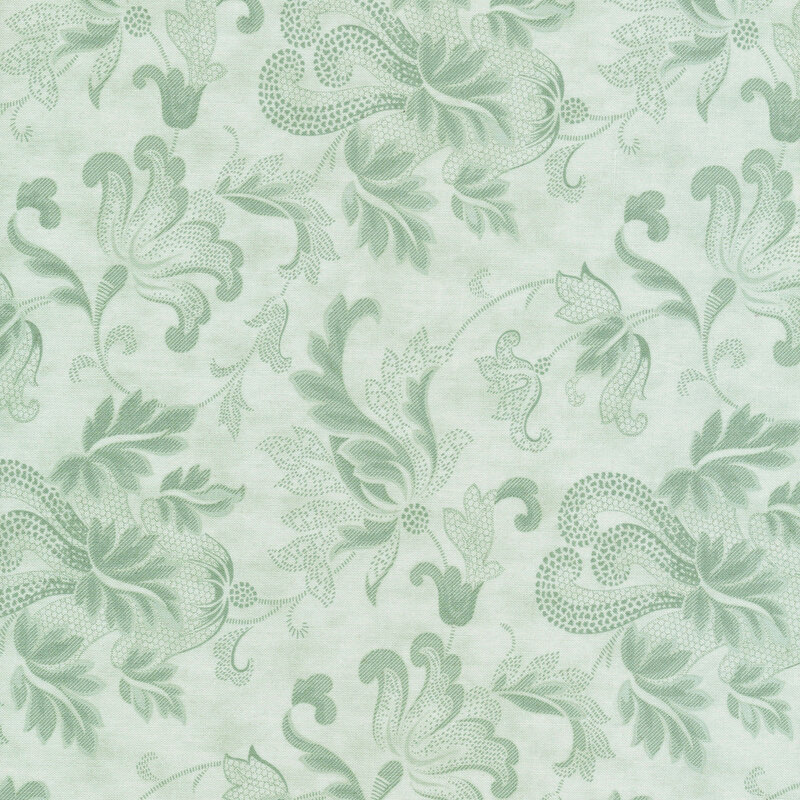 Scan of light blue fabric with large, floral tonal filigree patterns all over