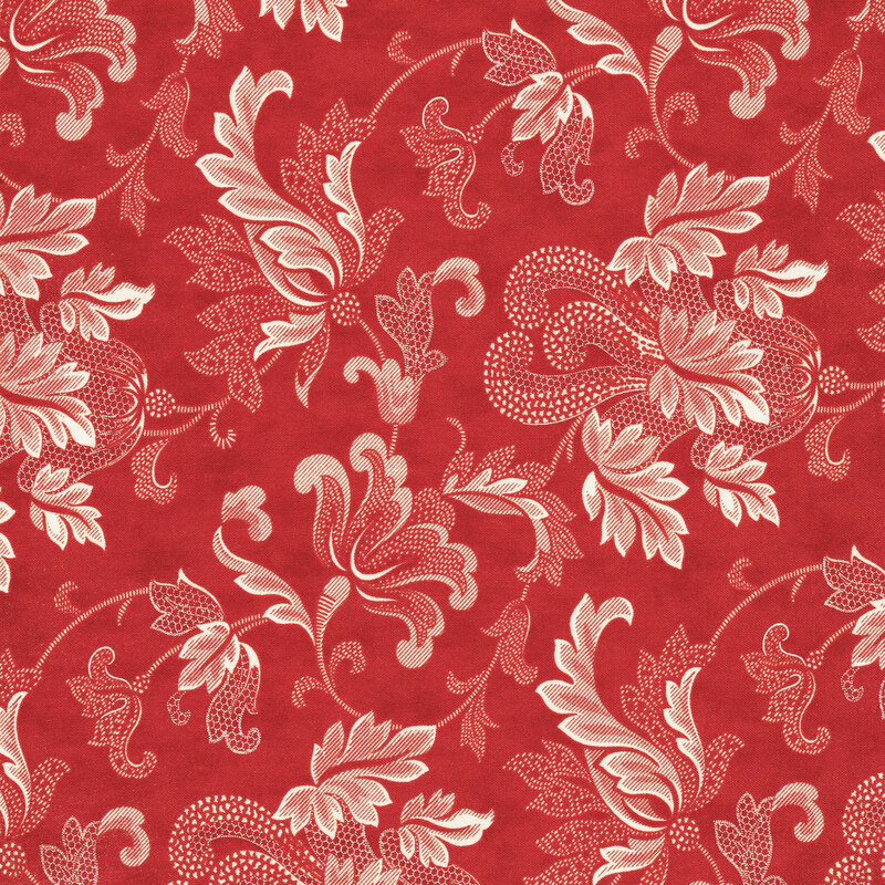 Scan of red fabric with large, floral tonal filigree patterns all over
