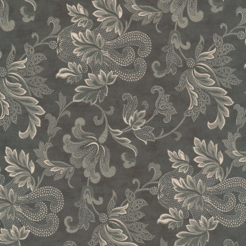 Scan of gray fabric with large, floral tonal filigree patterns all over