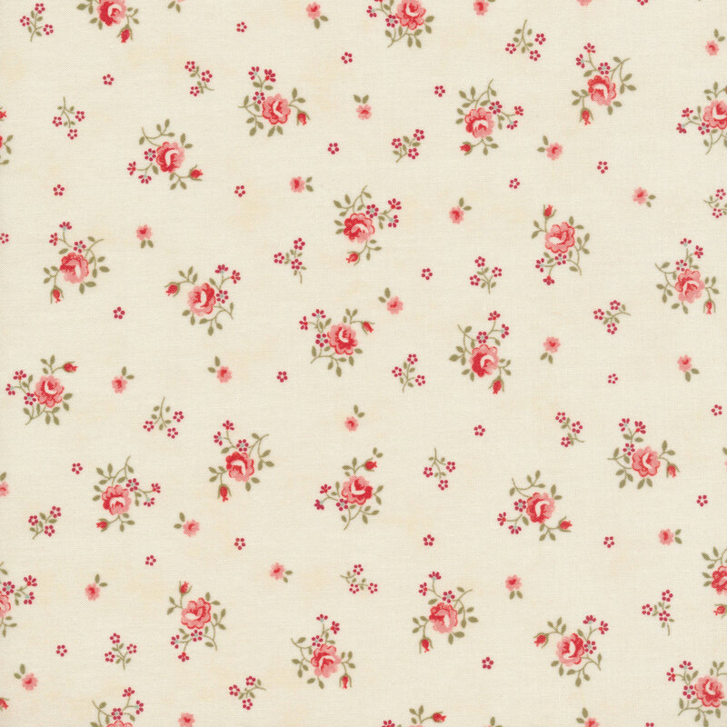 Scan of cream fabric with tossed vintage style pink flower clusters with green leaves and individual tiny pink flowers in between