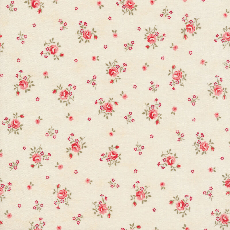 Scan of cream fabric with tossed vintage style pink flower clusters with green leaves and individual tiny pink flowers in between