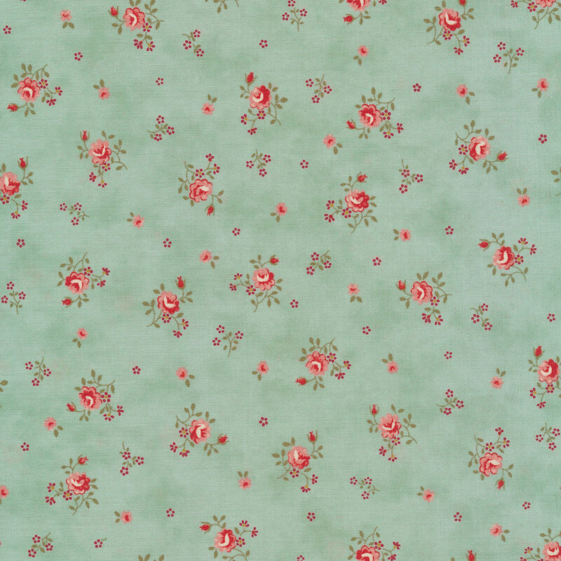 Scan of light blue fabric with tossed vintage style pink flower clusters with green leaves and individual tiny pink flowers in between