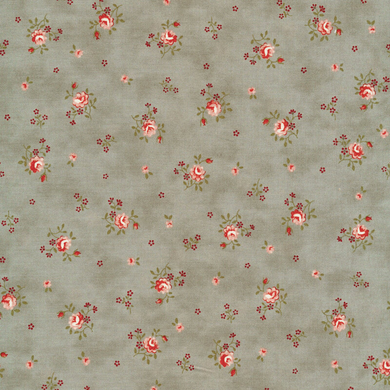 Scan of gray fabric with tossed vintage style pink flower clusters with green leaves and individual tiny pink flowers in between