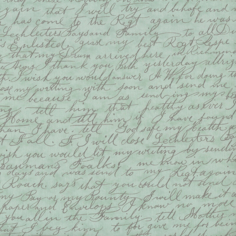 Scan of light blue fabric with scrawled handwritten script arranged in horizontal rows