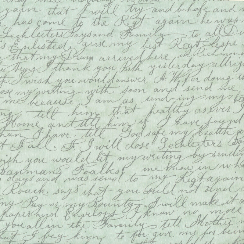 Scan of light blue fabric with scrawled handwritten script arranged in horizontal rows