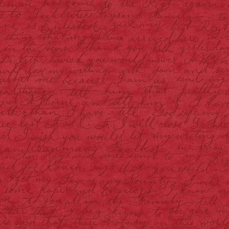 Scan of red fabric with scrawled handwritten script arranged in horizontal rows