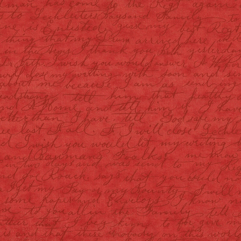Scan of red fabric with scrawled handwritten script arranged in horizontal rows