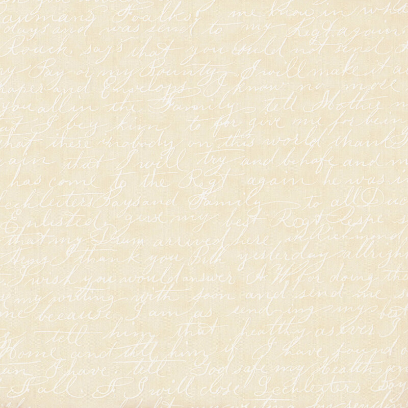 Scan of cream fabric with white scrawled handwritten script arranged in horizontal rows