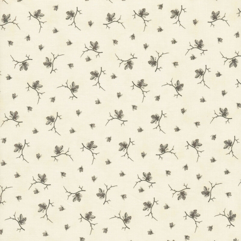 Scan of cream fabric with tossed gray butterfly and insect motifs
