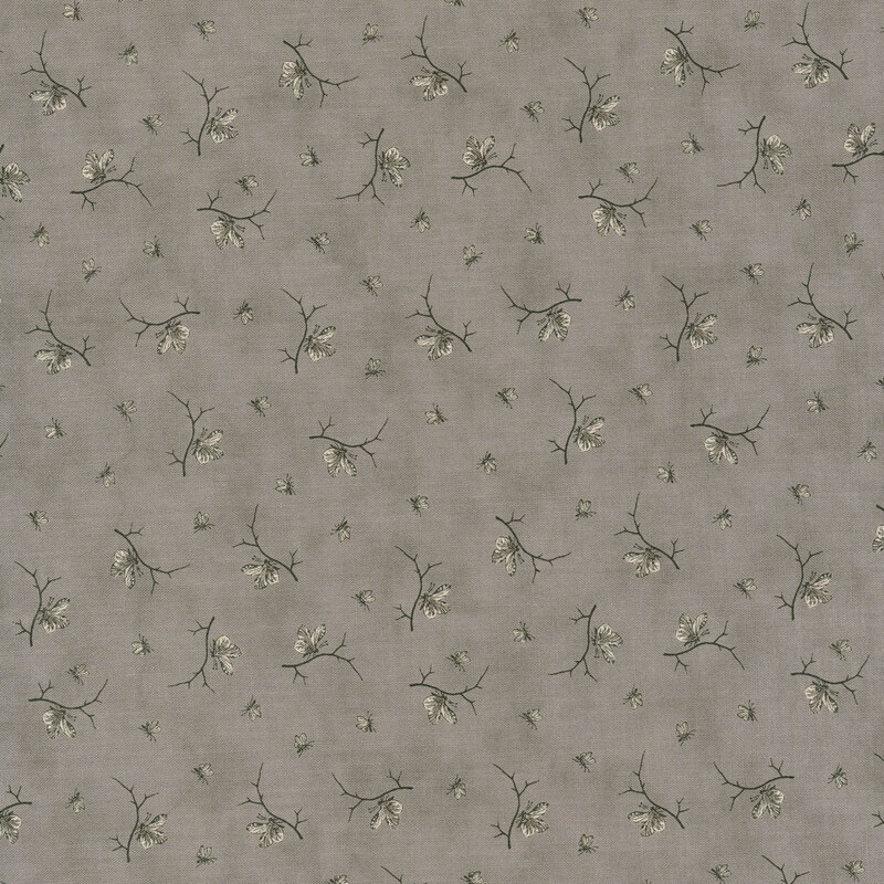 Scan of gray fabric with tossed gray and cream butterfly and insect motifs