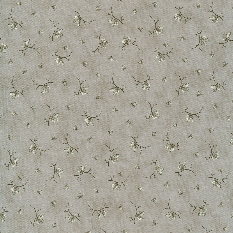 Scan of gray fabric with tossed gray and cream butterfly and insect motifs