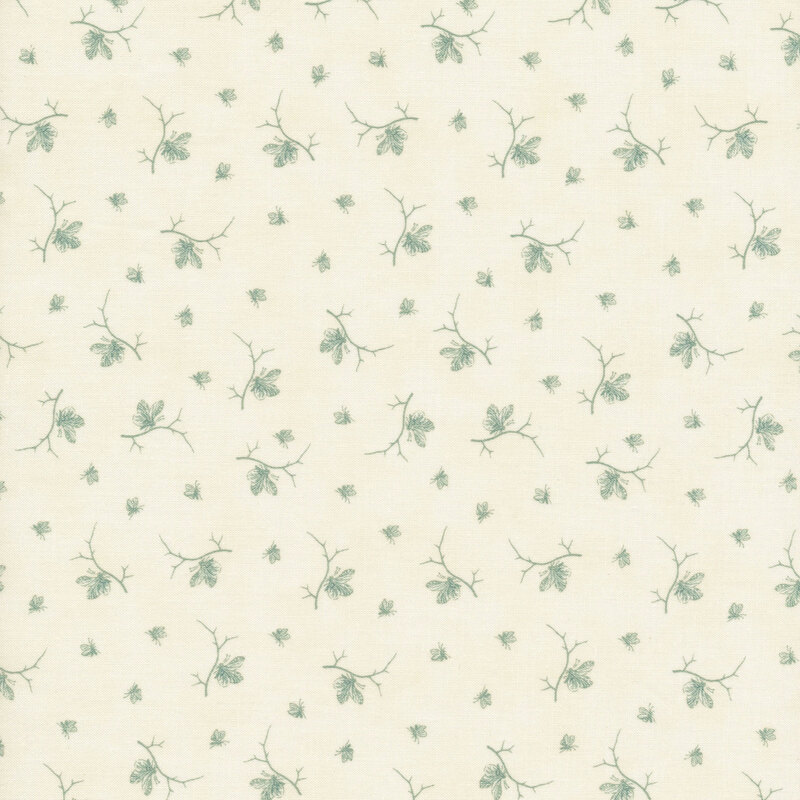 Scan of cream fabric with tossed light teal butterfly and insect motifs