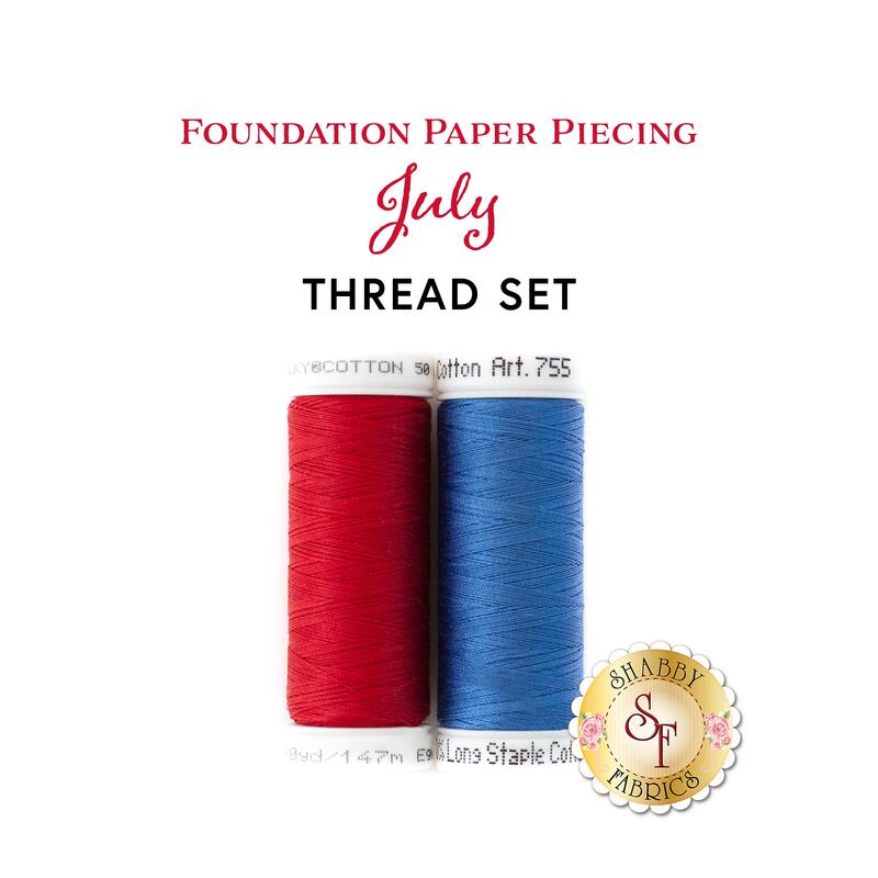 isolated image of two spools of thread in red and blue with the words 