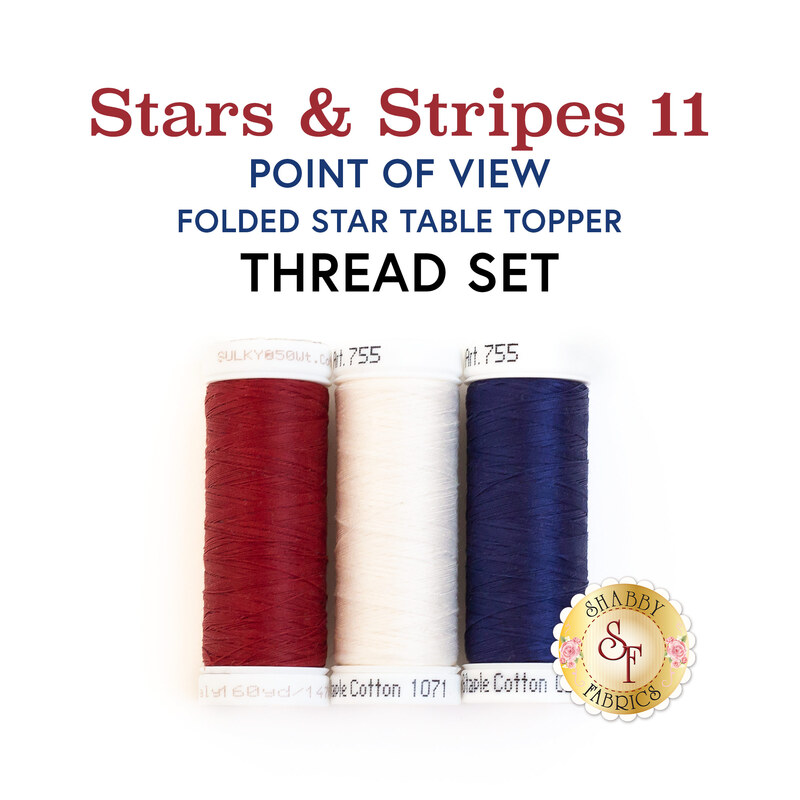 Photo of red, white, and blue thread spools isolated on a white background with the words 