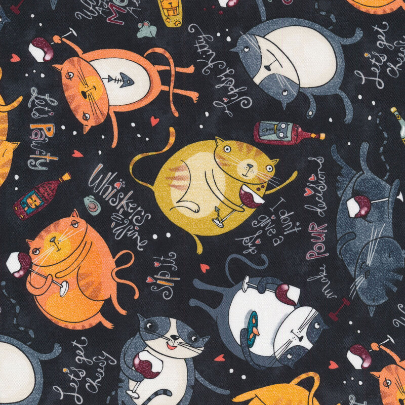 This fabric features cats with wine glasses and wine-themed slogans on a black background.