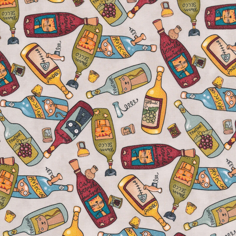 This fabric features tossed multicolored wine bottles with cats and cat themed names on a light gray background.