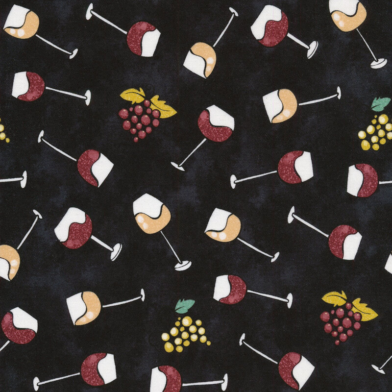 This fabric features tossed wine glasses with grapes on a mottled black background.