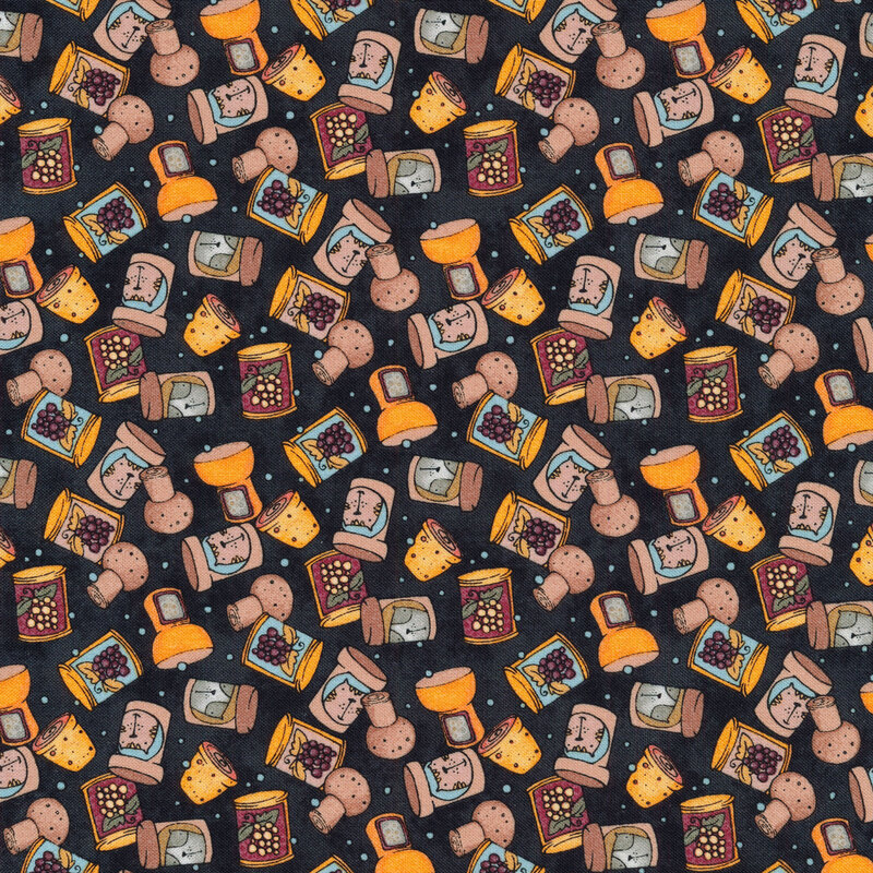 This fabric features multicolored cans and corks with cats and grapes tossed on a black background.