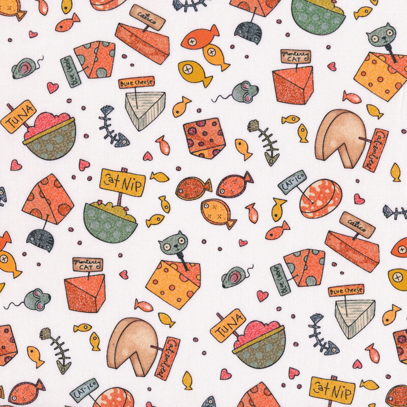 This fabric features tossed cheeses with cat-themed names, fish and mice on a white background.