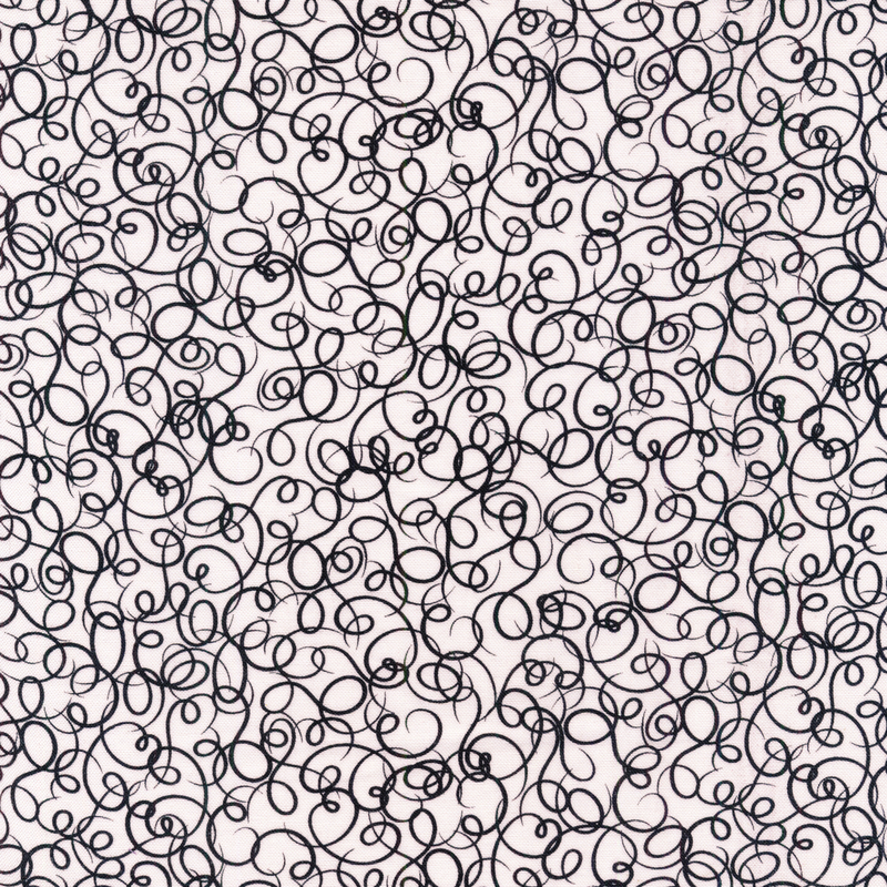 This fabric features black abstract squiggles on a solid white background.