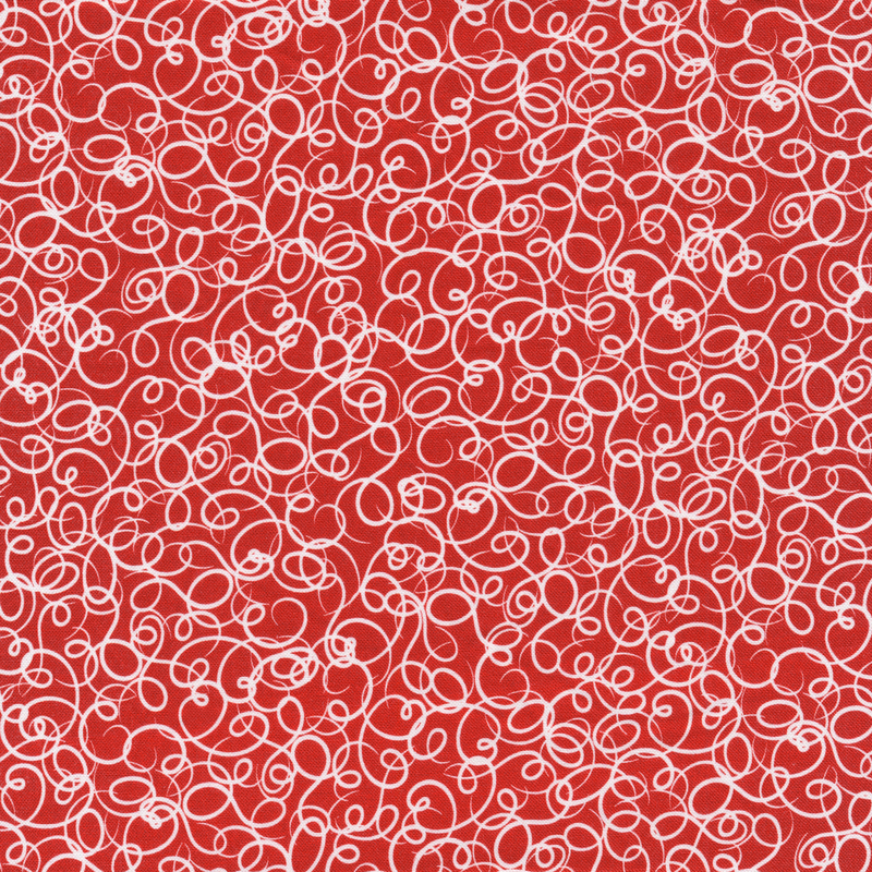 This fabric features white abstract squiggles on a solid red background.