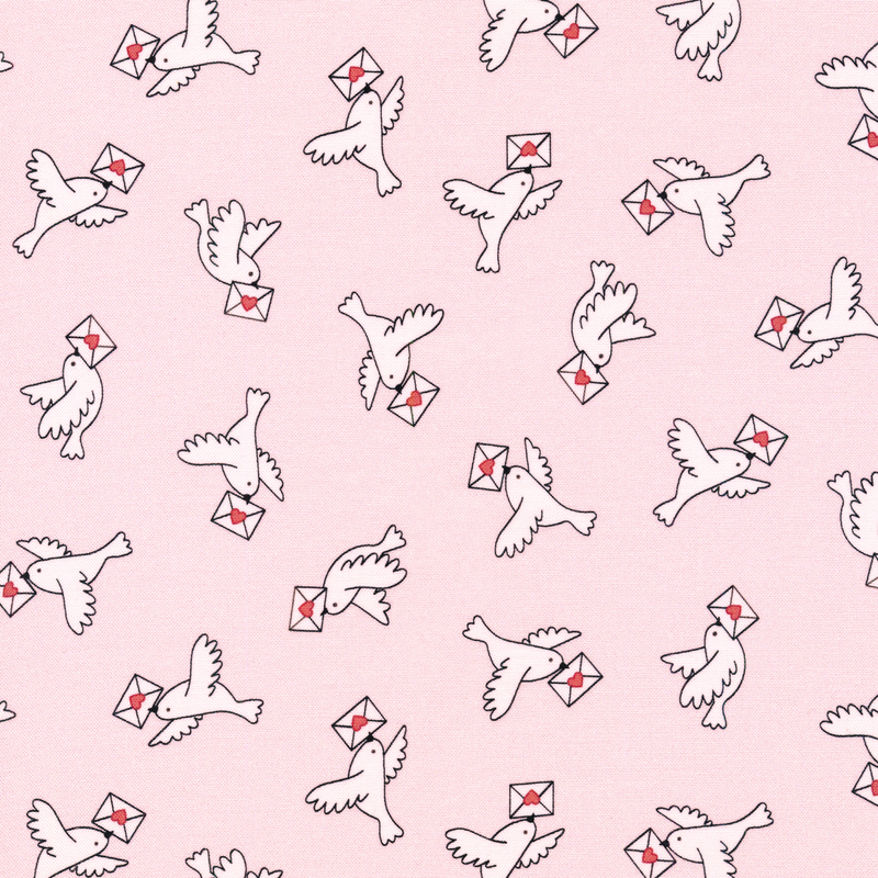 This fabric features white doves with love letters tossed on a light pink background.