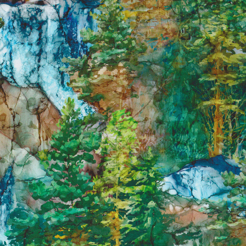 This fabric features trees and water falls in a lovely watercolor style.