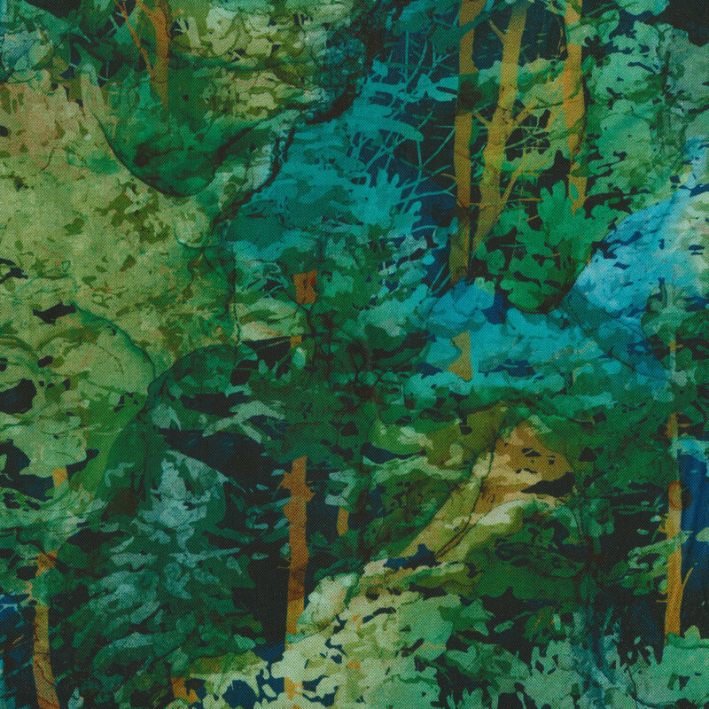 This fabric features trees and dark green foliage in a lovely watercolor style.