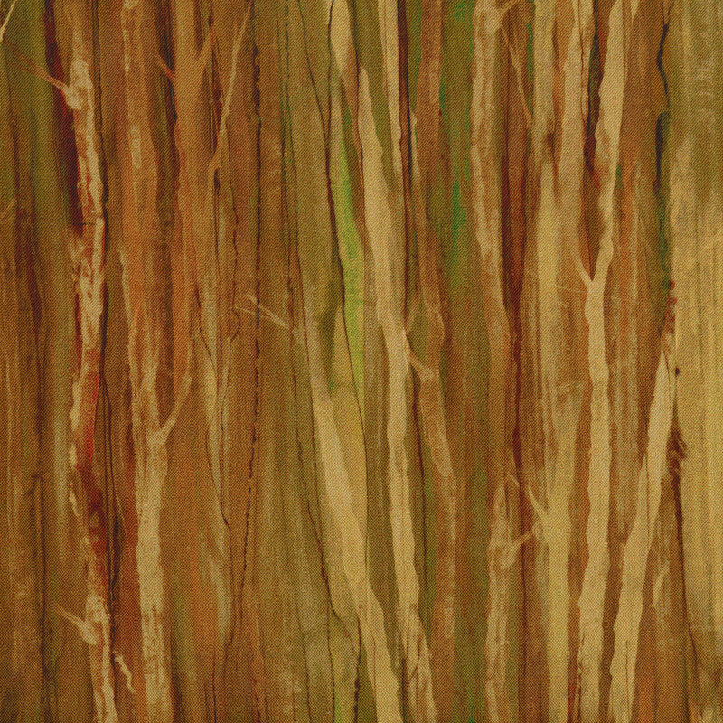 This fabric features green, brown and tan vertical grass print.
