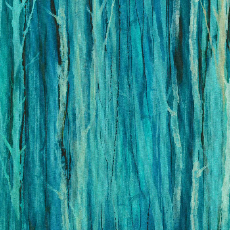 This fabric features light blue, aqua and dark blue vertical grass print.