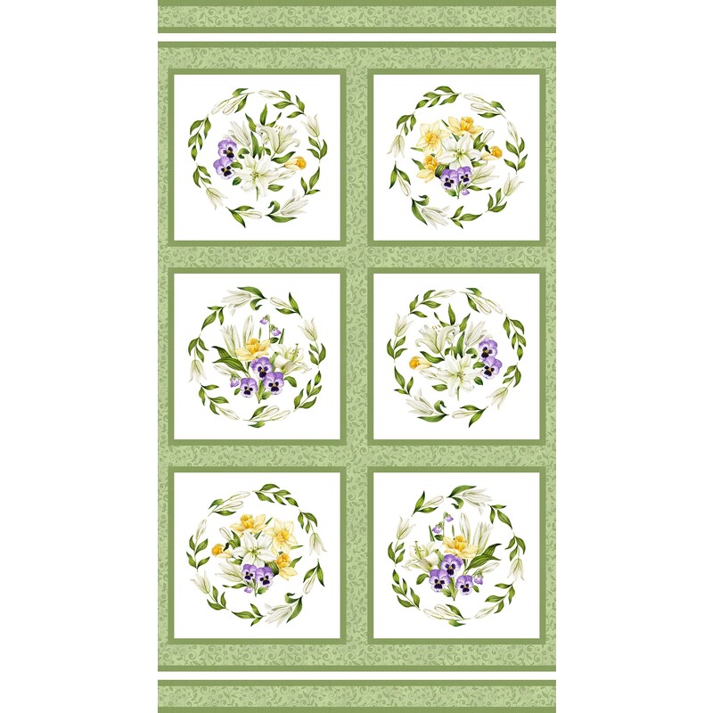 This fabric features 6 white squares on a green background, each with floral motifs in purple and yellow