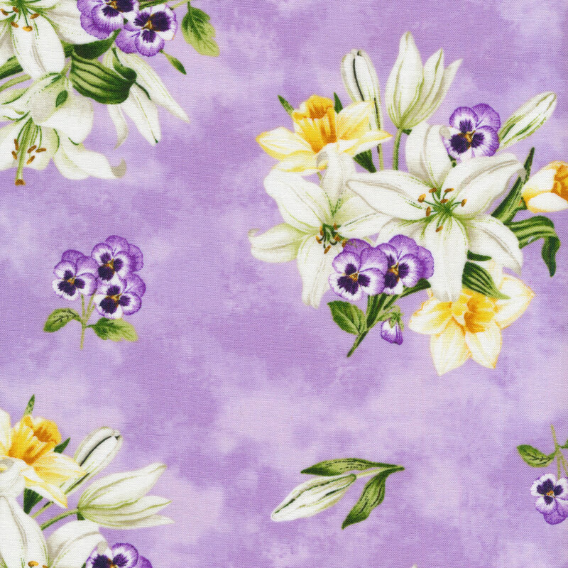 This fabric features clusters of lilies, yellow daffodils, and purple pansies on a soft mottled purple background.