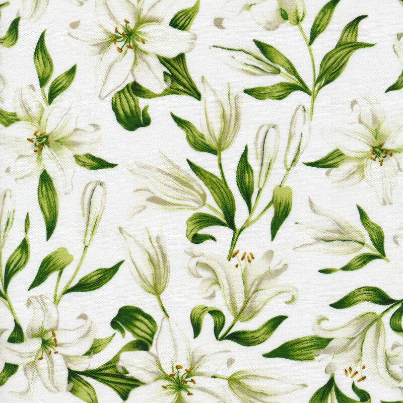 This fabric features clusters of lilies, yellow daffodils and purple pansies on a soft purple background.