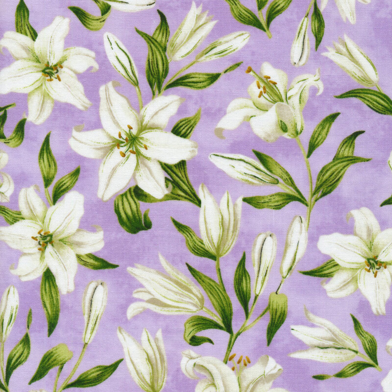 This fabric features lovely cream white lilies with dark green stems on a purple background.