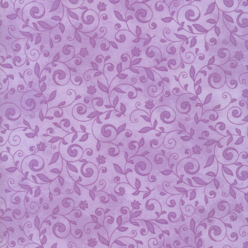 fabric featuring dark purple scrolls and swirls on a lighter purple background