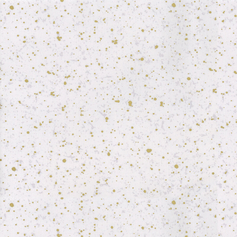 This fabric features a gray and gold metallic splatter pattern on a solid gray white background.