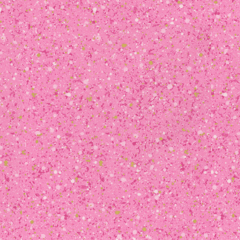 This fabric features dark pink and metallic gold splatter pattern on a bright pink background.