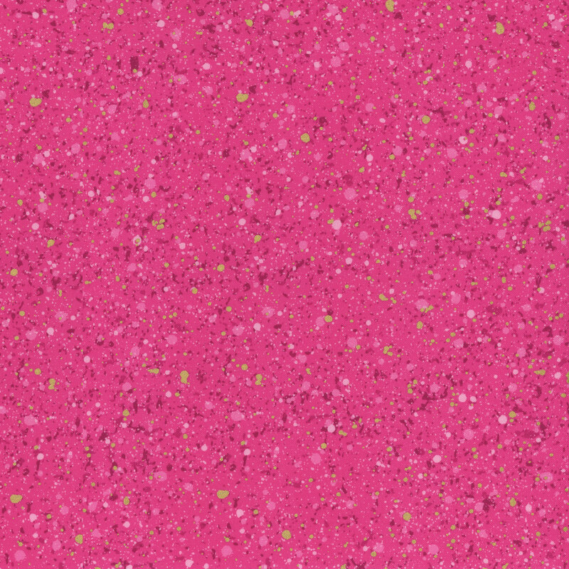 This fabric features dark pink and gold metallic splatter pattern on a bright pink background.