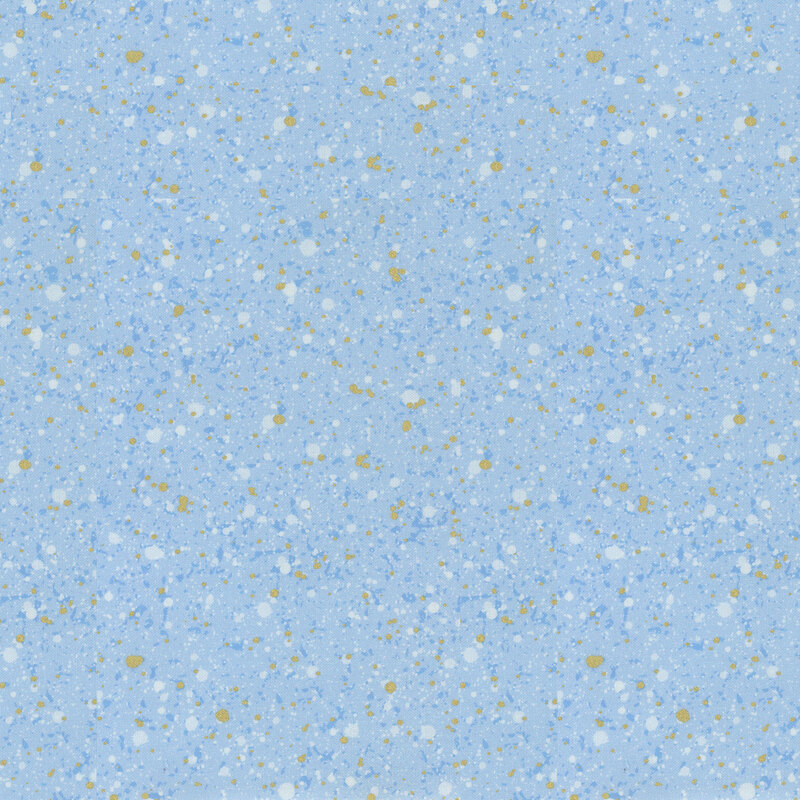 This fabric features a blue and metallic gold splatter pattern with a light blue background.