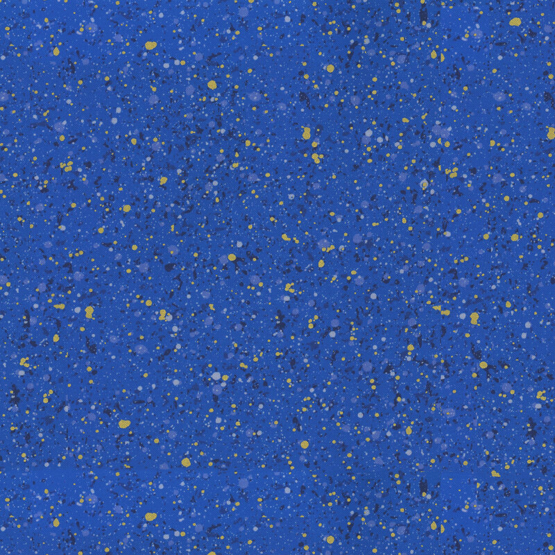 This fabric features a dark blue and metallic gold splatter pattern on a royal blue background.