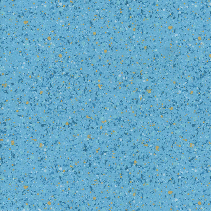 This fabric features a blue and metallic gold splatter pattern with a bright aqua blue background.
