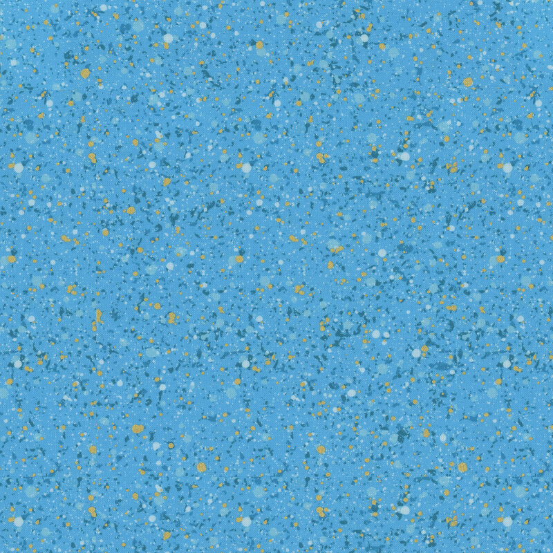 This fabric features a blue and metallic gold splatter pattern with a bold medium background.