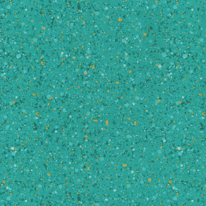 This fabric features a dark teal and gold metallic splatter pattern on a bright teal background.