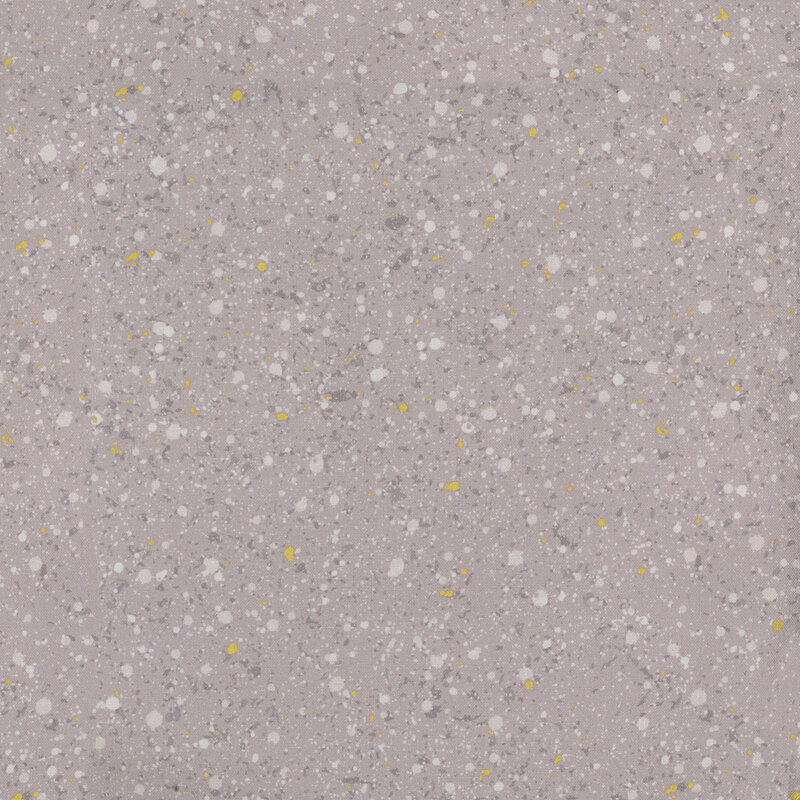 This fabric features gray and metallic gold splatter pattern on a warm gray background.