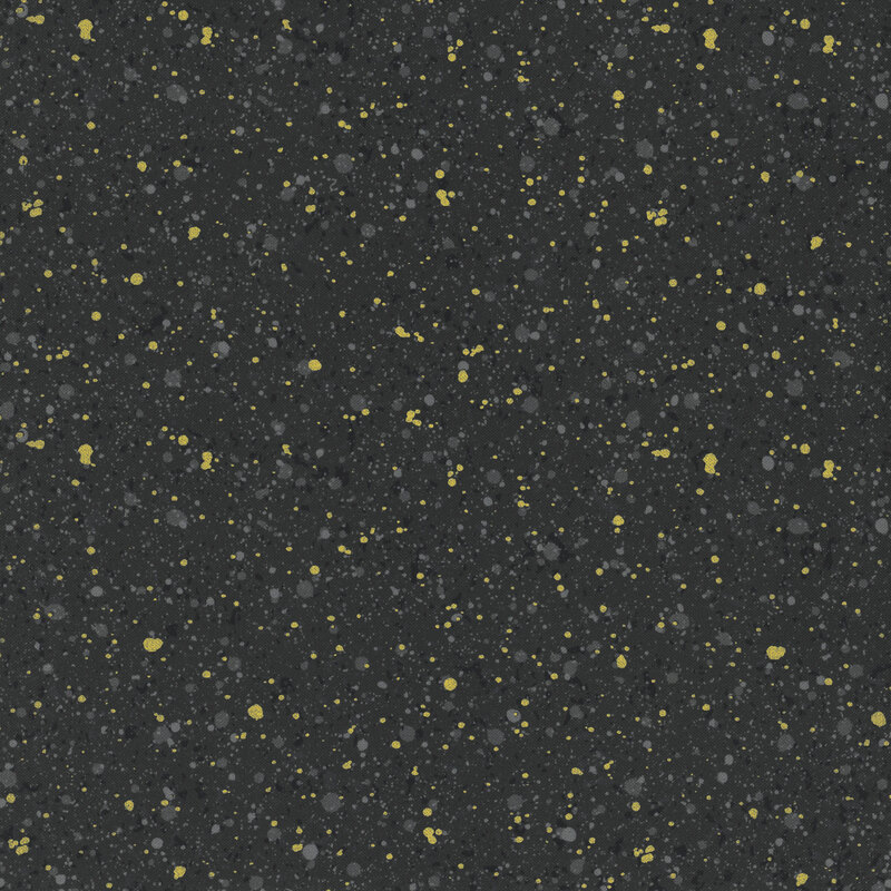 This fabric features dark gray and metallic gold splatter pattern on a black background.