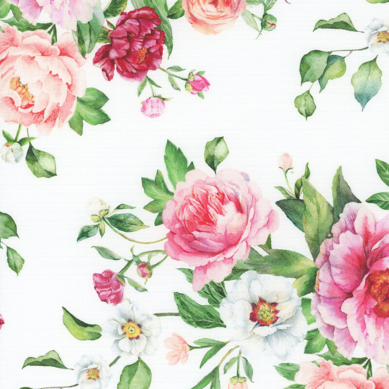 A white fabric covered in large light and dark pink roses and florals.