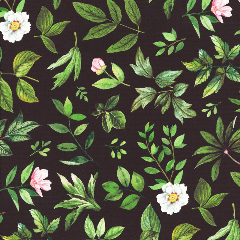 A solid black fabric with tossed green sprigs and pink and white flowers
