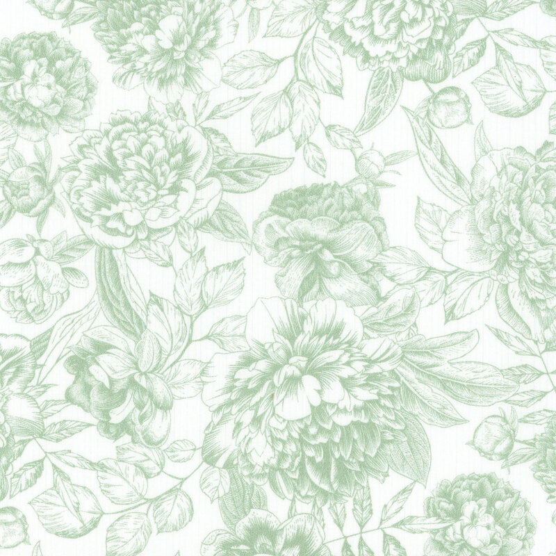 A solid white fabric with light green toile outlines of rose bunches 