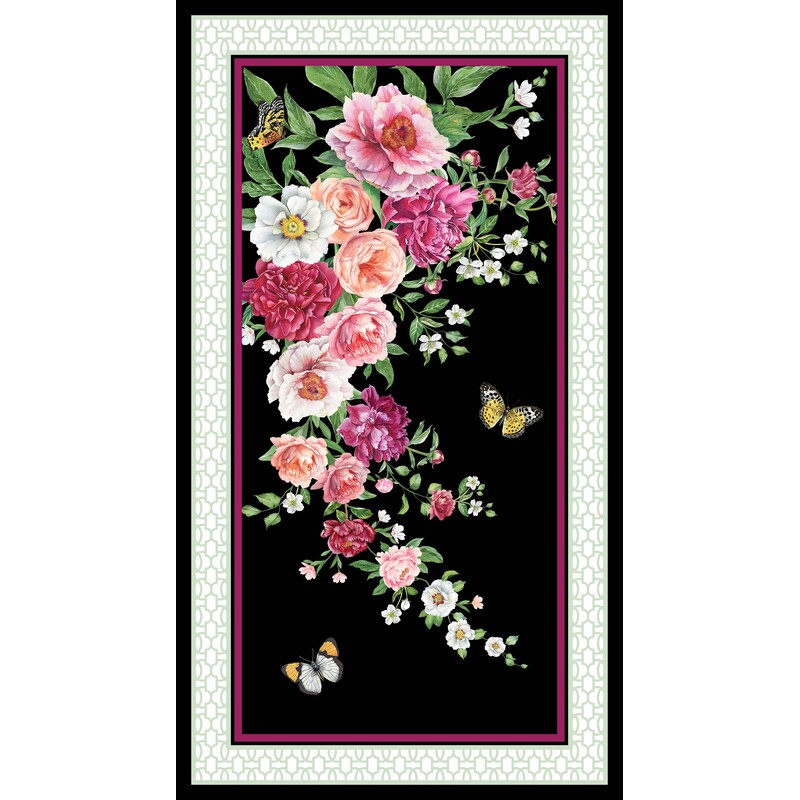 A black floral fabric panel with clusters of roses and flowers and fluttering butterflies surrounded by a white border