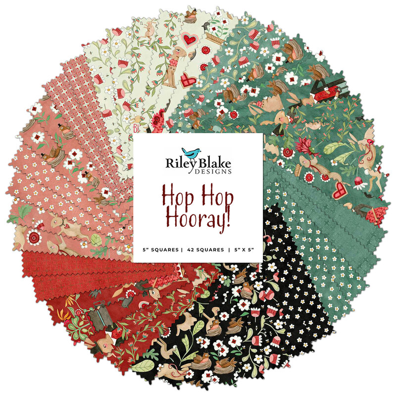 collage of all fabrics included in Hop Hop Hooray charm pack